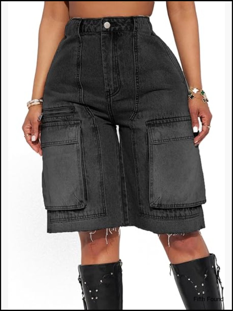 High Waist Denim Shorts Straight Leg Raw Hem With Pockets